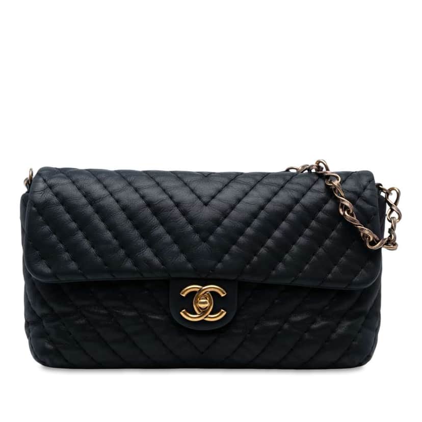 Chanel Large Chevron Iridescent Calfskin Surpique Flap Black Leather Good condition - Front View