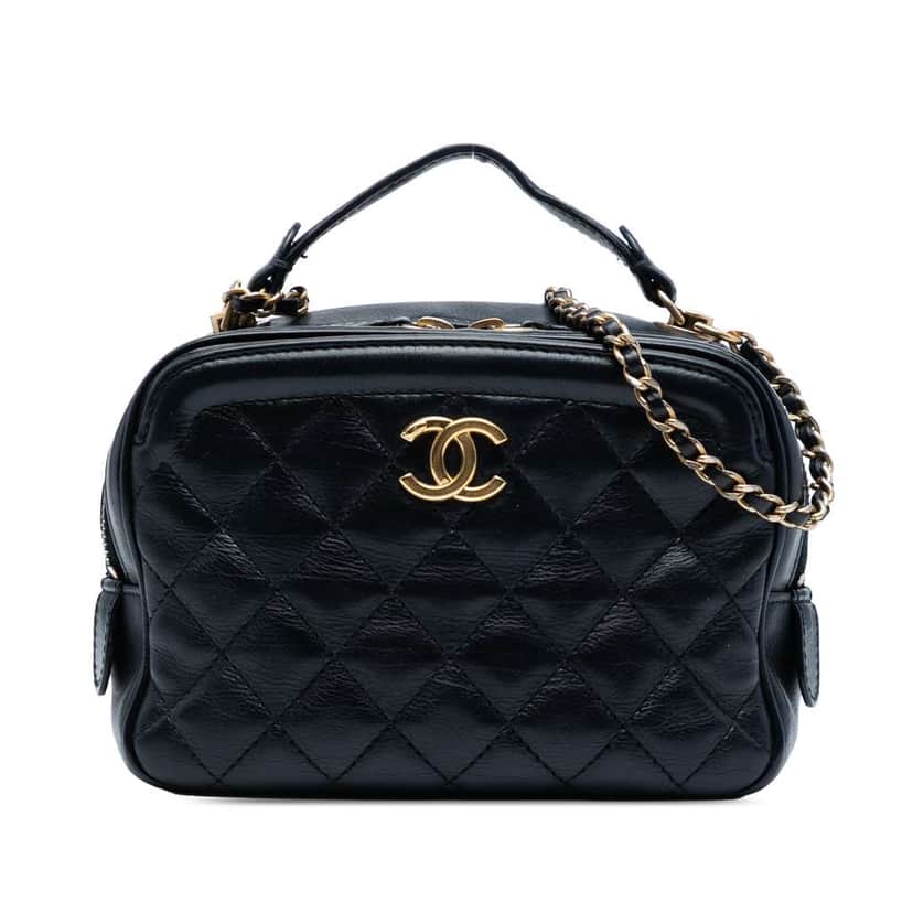 Chanel Small CC Quilted Lambskin Top Handle Vanity Case with Chain Black Leather Good condition - Front View