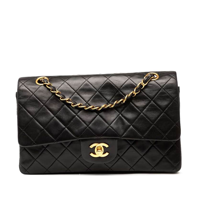 Chanel Medium Classic Lambskin Double Flap Black Leather Good condition - Front View