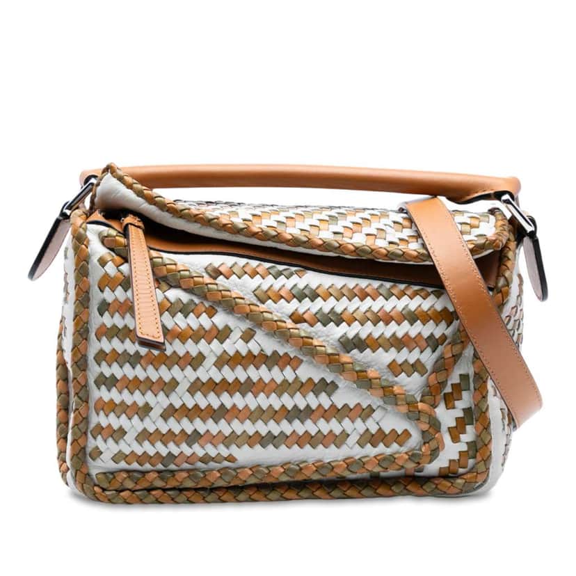 Loewe Small Woven Calfskin Puzzle Satchel White Leather Good condition - Front View