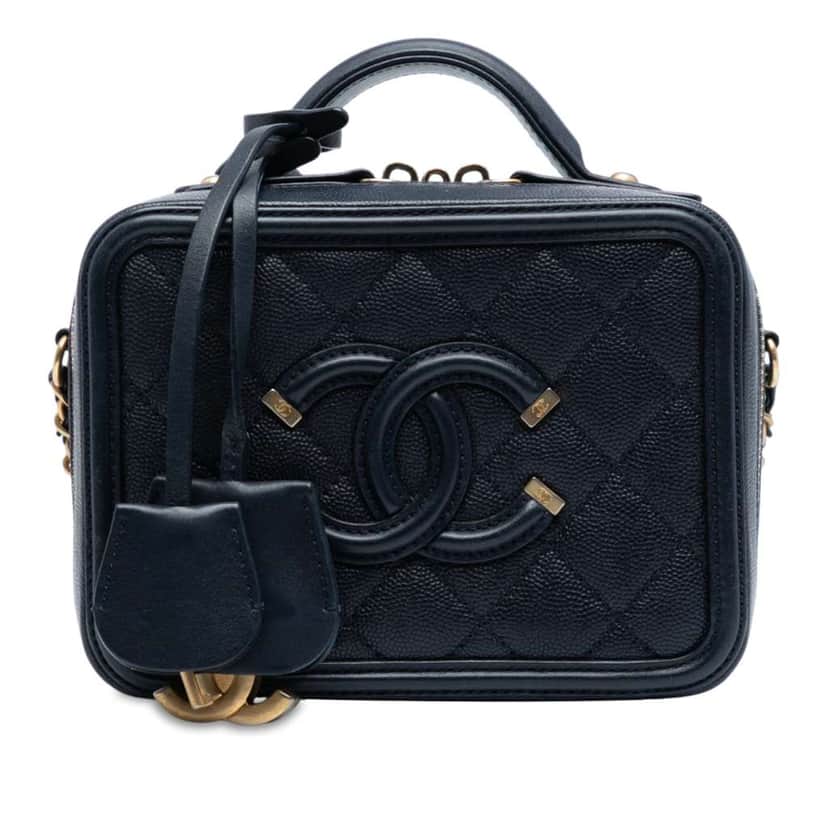Chanel Small Caviar CC Filigree Vanity Case Blue Leather Good condition - Front View