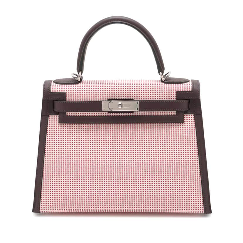 Hermès Toile Quadrille and Swift Kelly II Sellier 28 Red Canvas Good condition - Front View