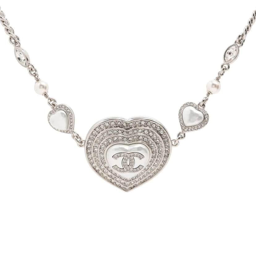 Chanel Silver Plated CC Rhinestones Heart Pendant Necklace Silver Metal Good condition - Front View