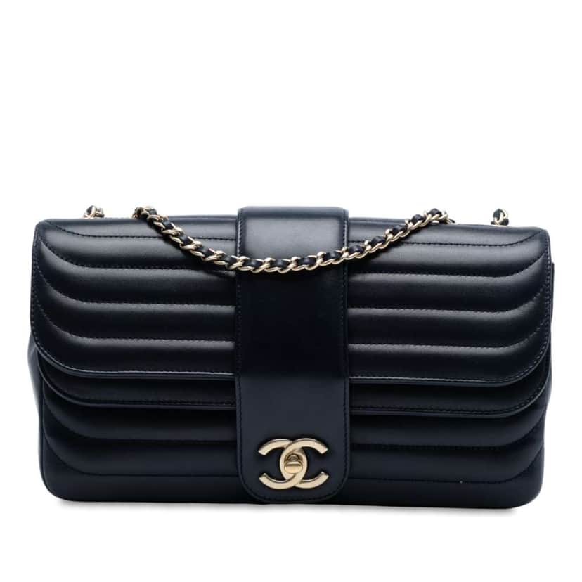 Chanel CC Horizontal Quilted Lambskin Double Flap Blue Leather Good condition - Front View