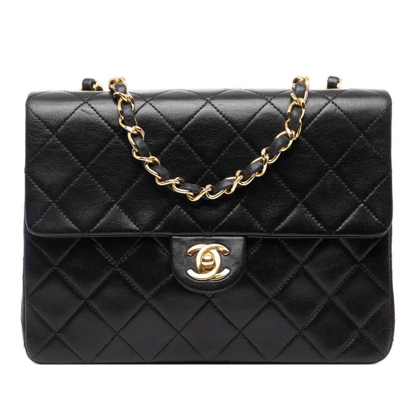 Chanel Square Quilted Lambskin Single Flap Black Leather Good condition - Front View