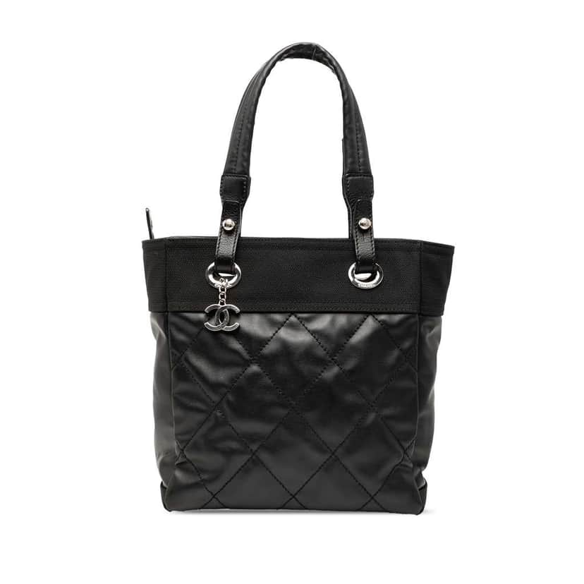Chanel Small Quilted Coated Canvas Paris Biarritz Tote Black Canvas Good condition - Front View