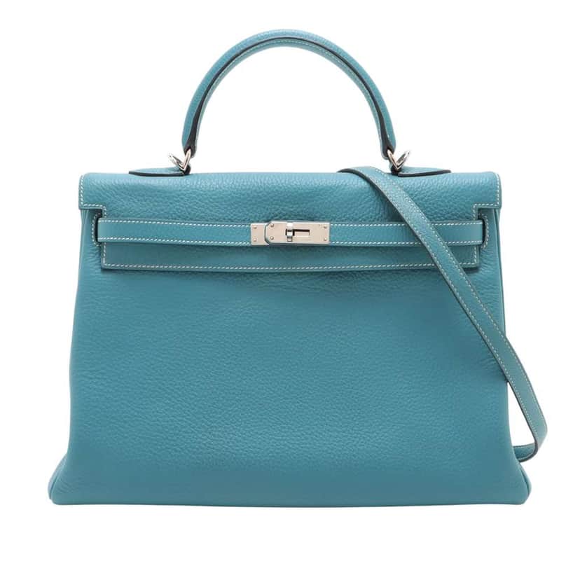 Hermès Clemence Kelly II Retourne 35 Blue Leather Good condition - Front View