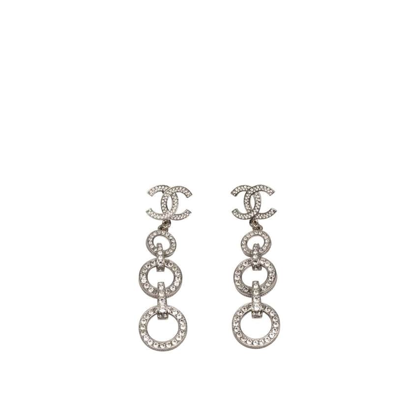 Chanel Silver Plated CC Rhinestones Dangle Push Back Earrings Silver Brass Good condition - Front View