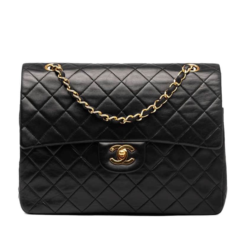 Chanel Medium Tall Classic Lambskin Double Flap Black Leather Good condition - Front View