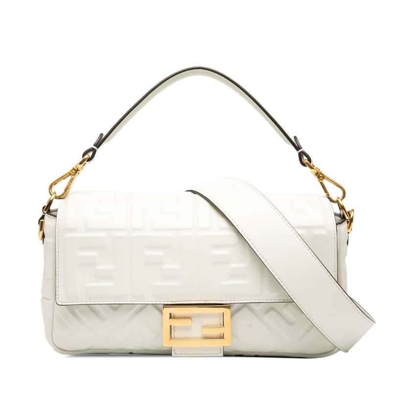 Fendi Zucca Embossed Leather Baguette Satchel White Leather Good condition - Front View