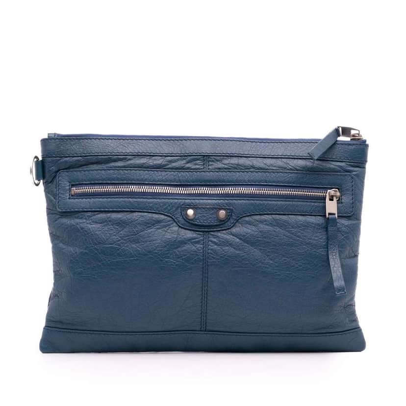 Balenciaga Lambskin Motocross Classic Clip M Clutch Blue Leather Good condition - Front View