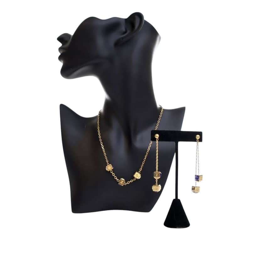 Louis Vuitton Gold Plated Crystal Gamble Drop Earrings And Necklace Set Gold Metal Good condition - Front View