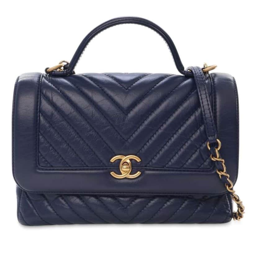 Chanel CC Chevron Aged Calfskin Top Handle Flap Blue Leather Good condition - Front View