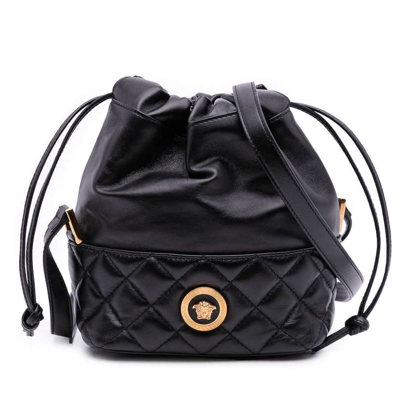 Versace Quilted Calfskin La Medusa Drawstring Bucket Bag Black Leather Good condition - Front View