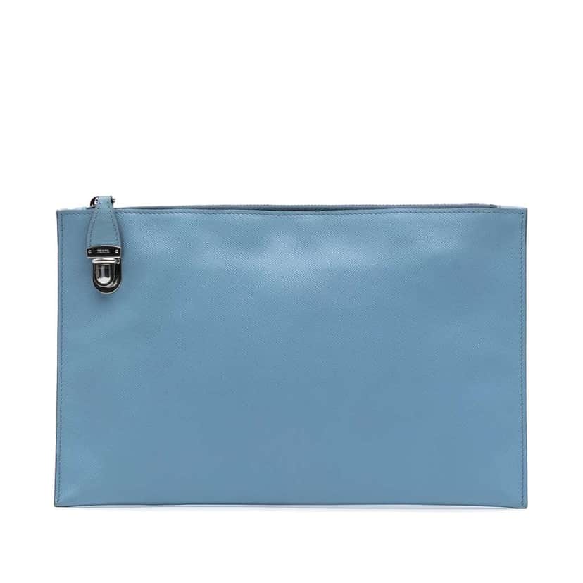 Prada Saffiano Lux Zip Clutch Blue Leather Good condition - Front View