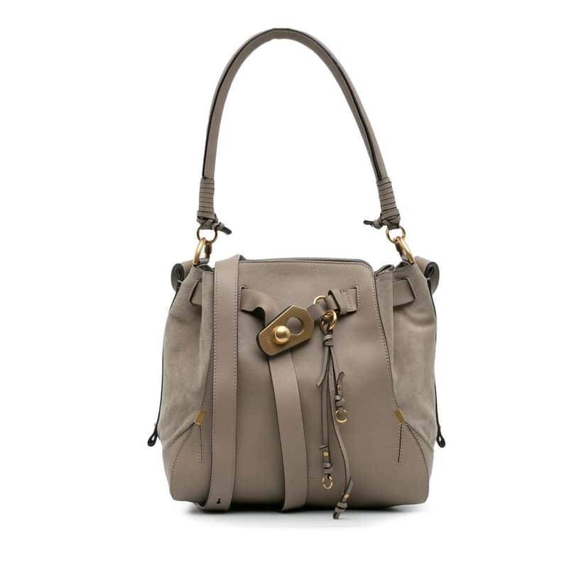 Chloé Medium Calfskin and Suede Owen Bucket Bag Brown Leather Good condition - Front View