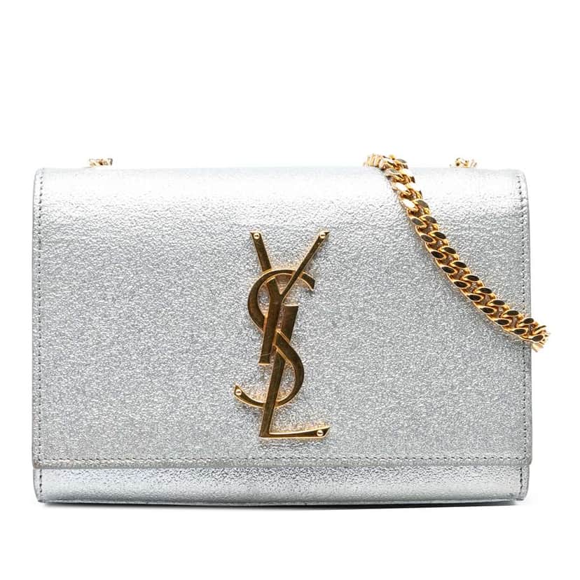 Saint Laurent Small Metallic Calfskin Classic Monogram Kate Crossbody Silver Leather Good condition - Front View