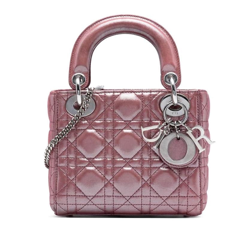 Dior Mini Iridescent Lambskin Cannage Lady Dior Pink Leather Good condition - Front View