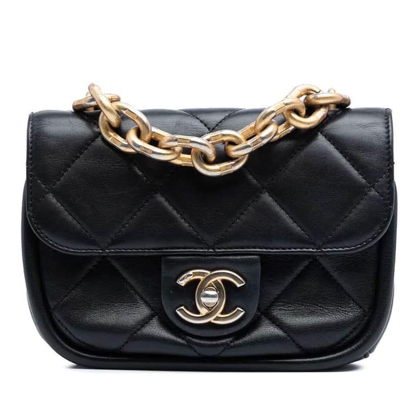 Chanel Mini Quilted Lambskin Chain Top Handle Flap Black Leather Very good condition - Front View