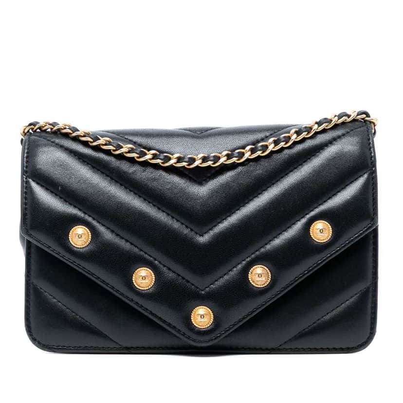 Chanel Chevron Lambskin Button Wallet On Chain Black Leather Good condition - Front View