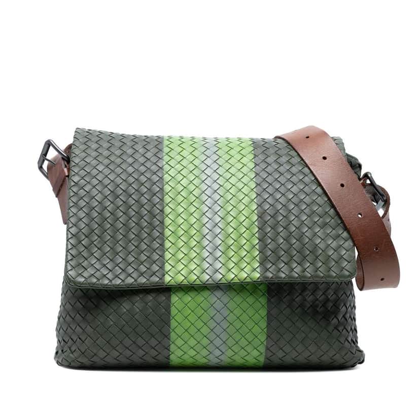 Bottega Veneta Nappa Intrecciato Stripes Messenger Bag Green Leather Good condition - Front View