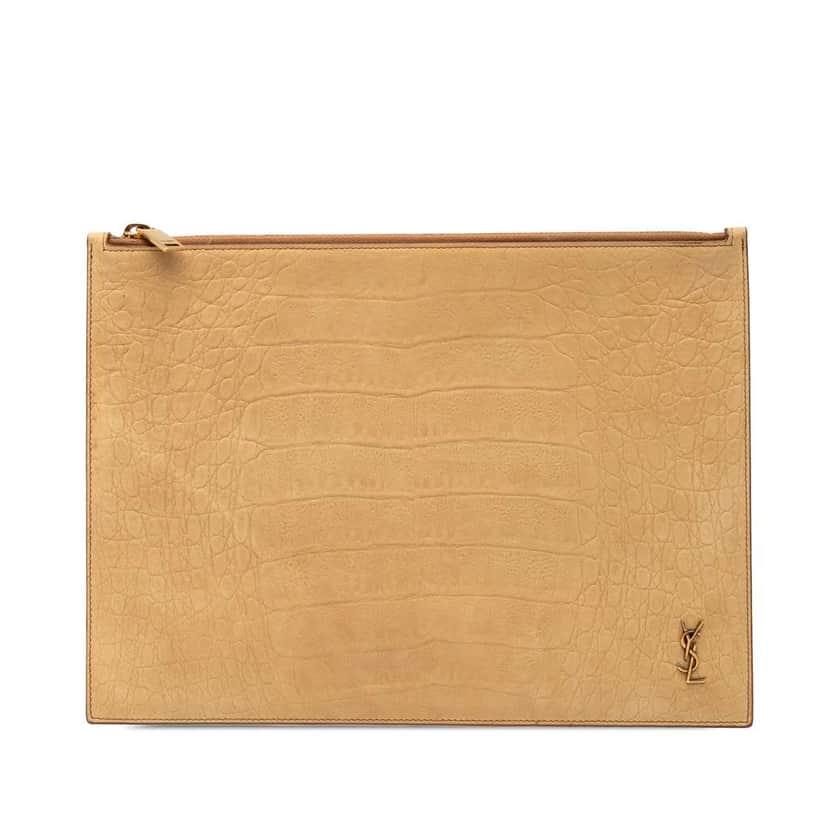 Saint Laurent Croc Embossed Leather Tiny Monogram Zipped Tablet Holder Brown Leather Good condition - Front View