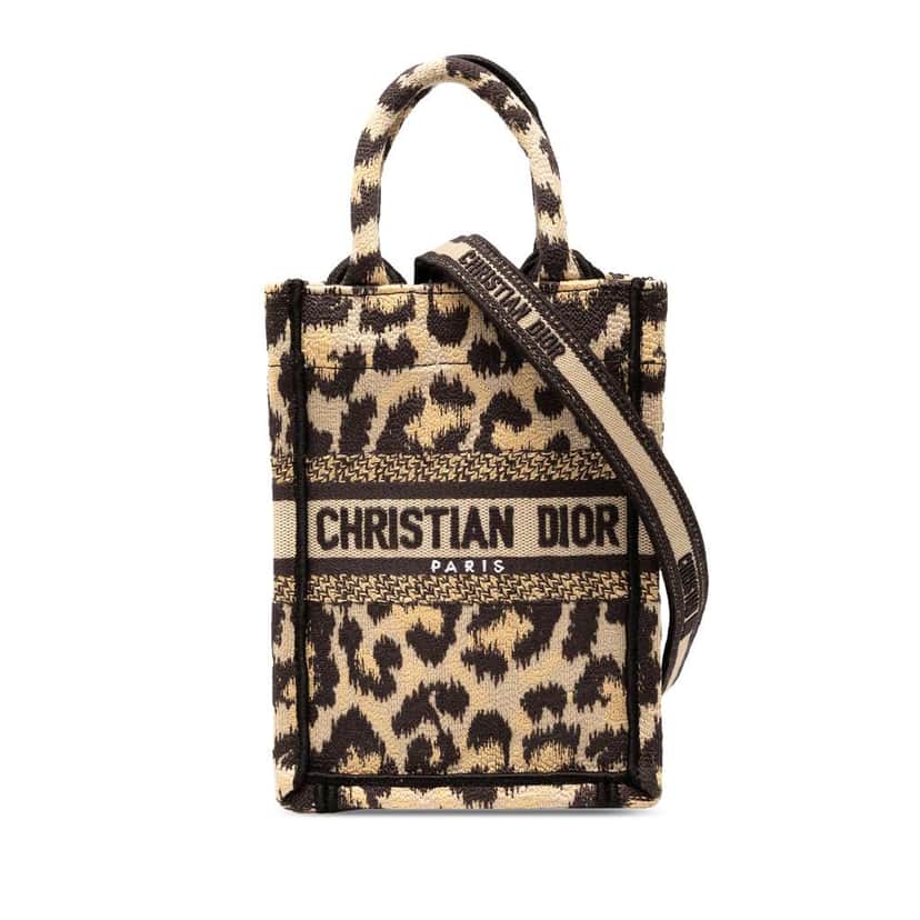 Dior Mizza Mini Embroidered Canvas Leopard Vertical Book Tote Brown Canvas Good condition - Front View