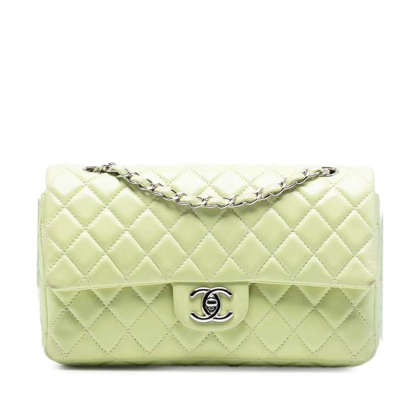 Chanel Medium Classic Lambskin Double Flap Green Leather Good condition - Front View