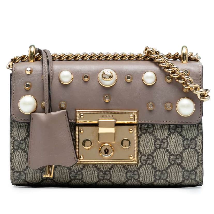 Gucci Small GG Supreme Pearl Studded Padlock Crossbody Brown Canvas Good condition - Front View