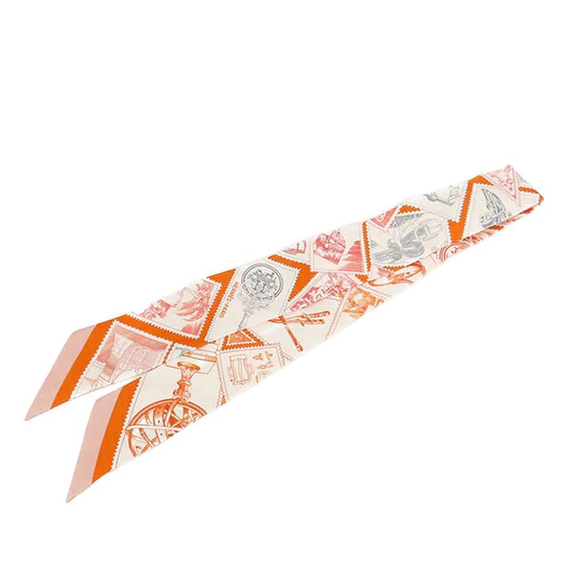 Hermès Le Philateliste du Faubourg Silk Twilly Scarf Orange Silk Very good condition - Front View