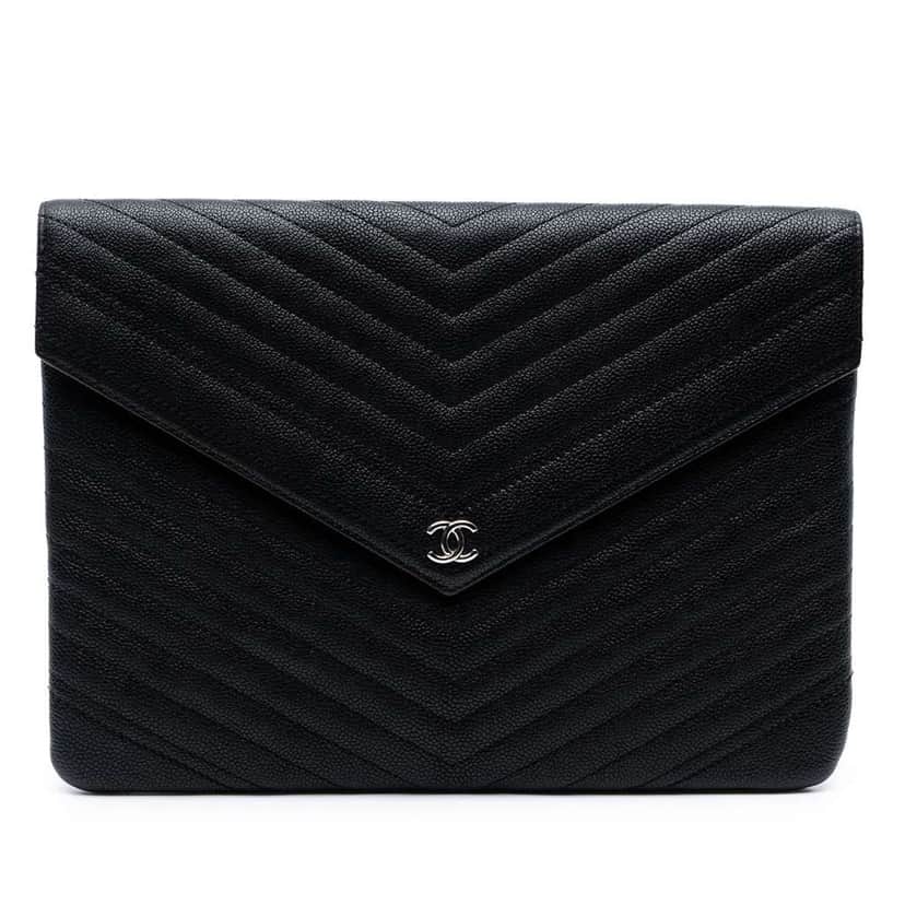 Chanel Medium Chevron Caviar Envelope Clutch Black Leather Good condition - Front View