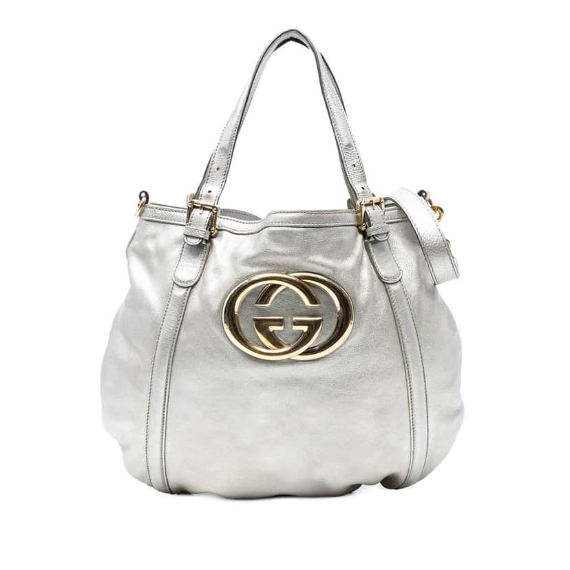 Gucci Medium Metallic Calfskin Web Britt Satchel Silver Leather Good condition - Front View
