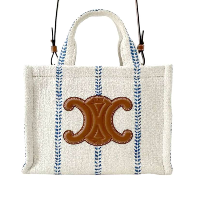 Celine Small Wool Cuir Triomphe Stripe Cabas Thais Satchel White Wool Good condition - Front View