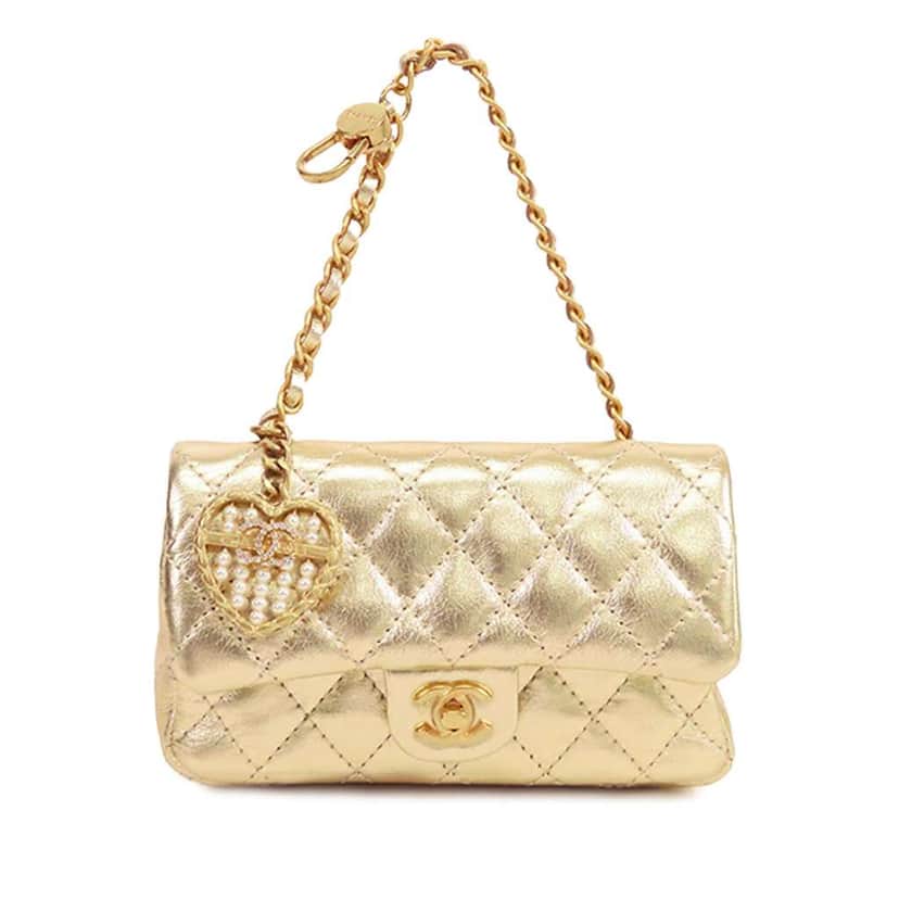 Chanel Mini Classic Metallic Calfskin Charm Double Flap Gold Leather Good condition - Front View