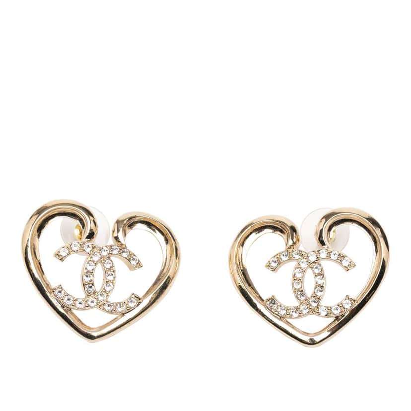 Chanel Gold Plated CC Rhinestone Heart Push Back Earrings Gold Metal Good condition - Front View