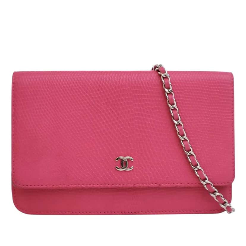 Chanel CC Lizard Embossed Calfskin Wallet On Chain Pink Leather Good condition - Front View