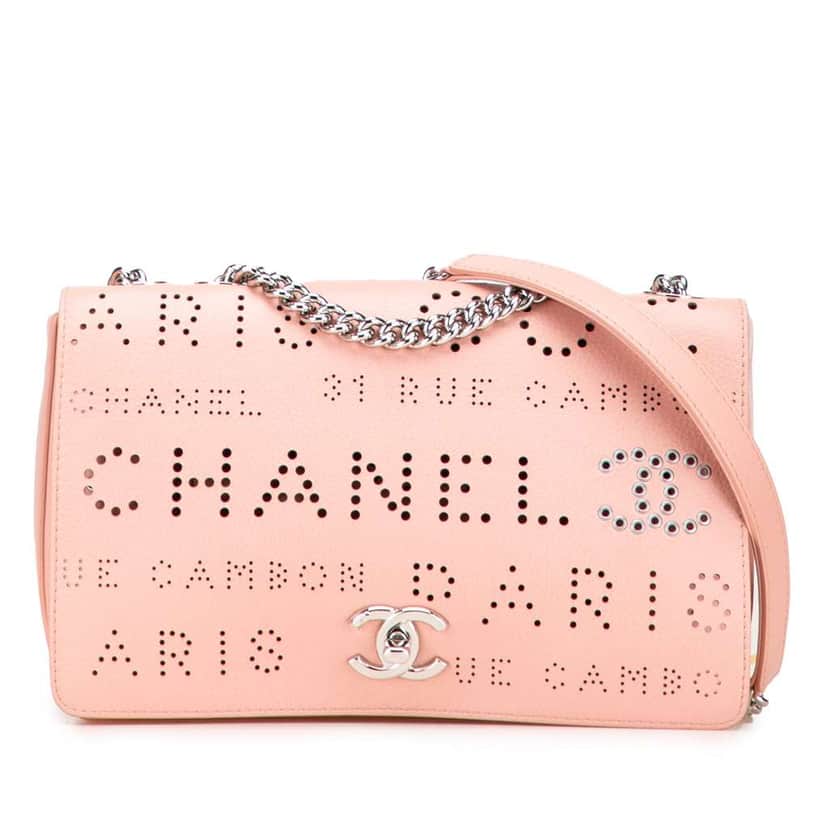 Chanel Perforated Calfskin Logo Eyelet Flap Bag Pink Leather Good condition - Front View