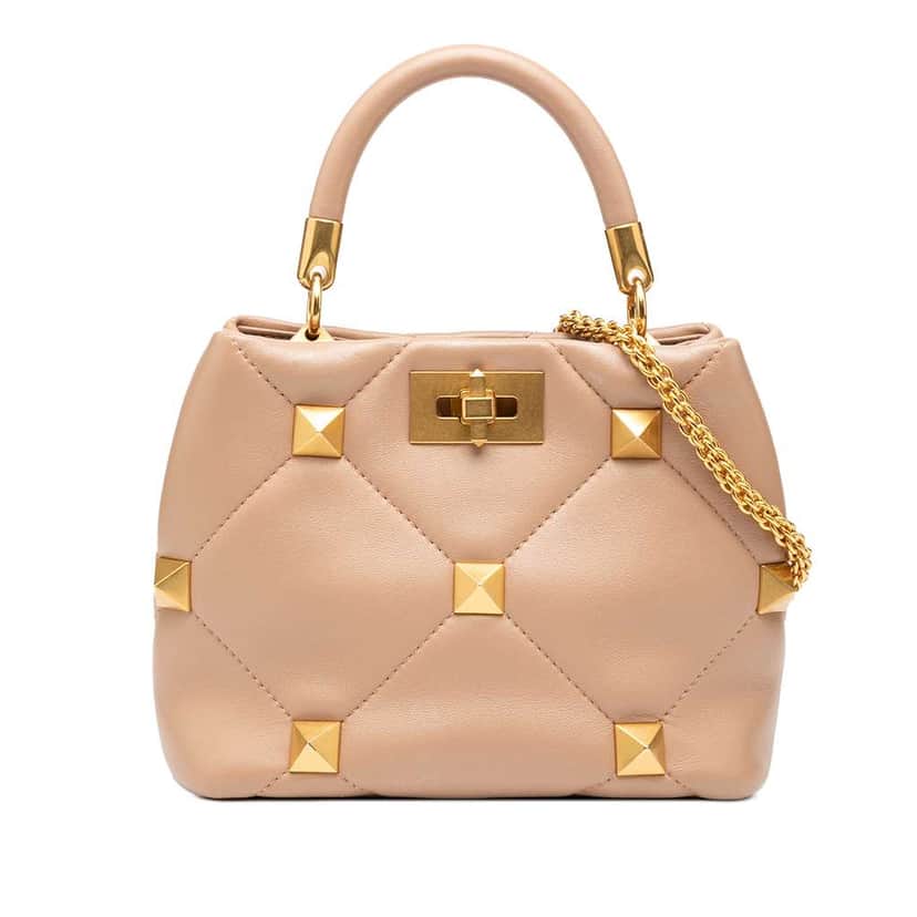 Valentino Small Nappa Roman Stud The Handle Bag Brown Leather Good condition - Front View