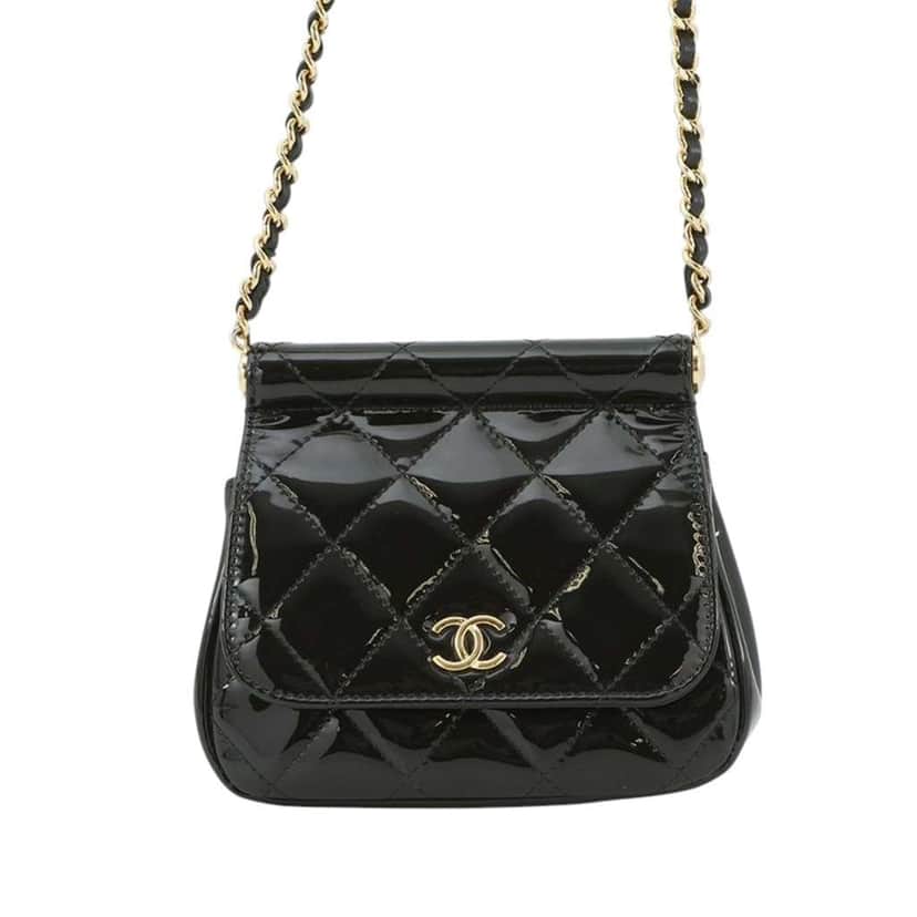 Chanel CC Quilted Patent Frame Flap Clutch with Chain Black Leather Good condition - Front View