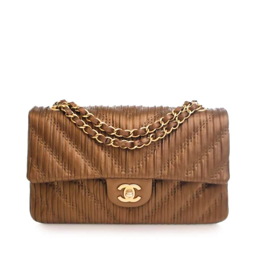 Chanel Medium Classic Chevron Calfskin Pleated Double Flap Brown Leather Good condition - Front View
