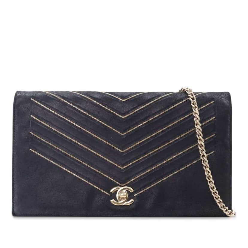 Chanel Chevron Nubuck Micro Chain Embellished Flap Black Leather Good condition - Front View