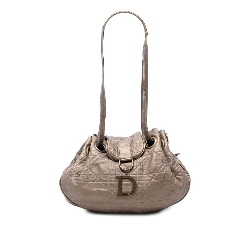 Dior Lambskin Cannage Drawstring Hobo Brown Leather Good condition - Front View