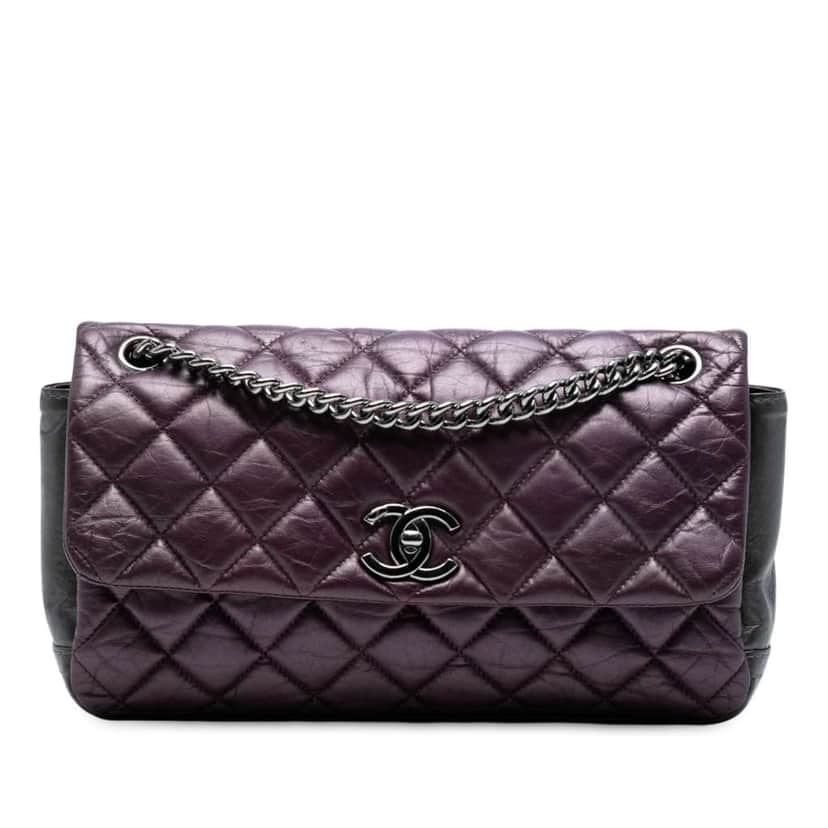 Chanel Small Bicolor Quilted Aged Calfskin Lady Pearly Flap Purple Leather Good condition - Front View