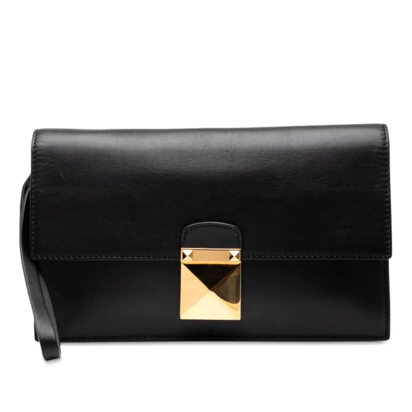 Valentino Calfskin Rockstud Wristlet Clutch Black Leather Good condition - Front View