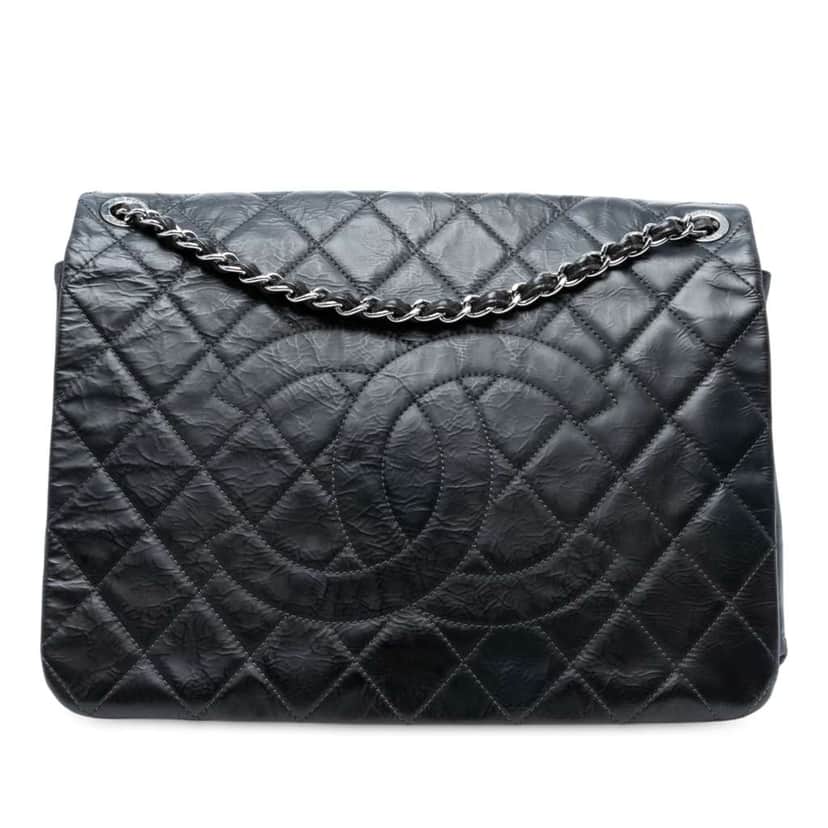 Chanel XL CC Glazed Quilted Calfskin Single Flap Black Leather Good condition - Front View