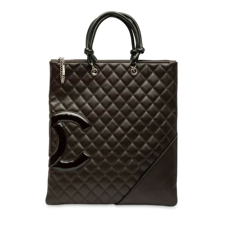 Chanel Quilted Lambskin Cambon Ligne Flat Tote Brown Leather Good condition - Front View