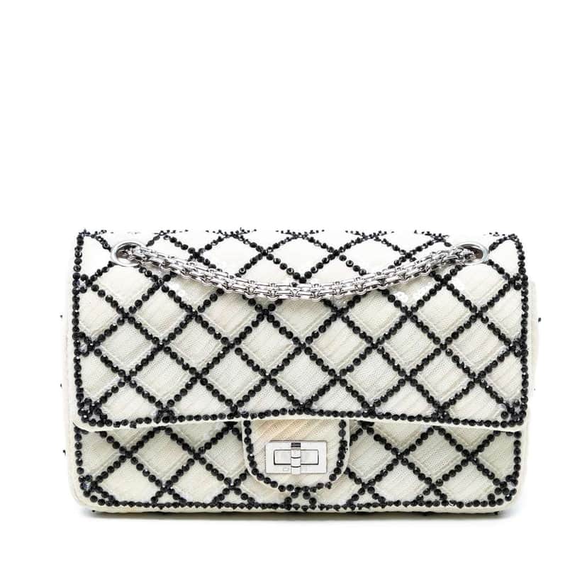 Chanel Reissue 2.55 Quilted Sequined Mesh Double Flap 225 White Polyester Good condition - Front View