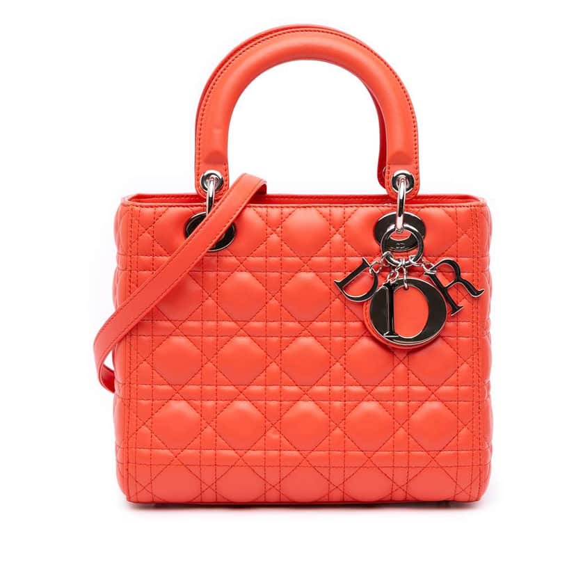 Dior Medium Lambskin Cannage Lady Dior Orange Leather Good condition - Front View