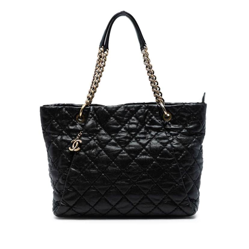 Chanel Large CC Quilted Glazed Caviar Coco Pleats Tote Black Leather Good condition - Front View