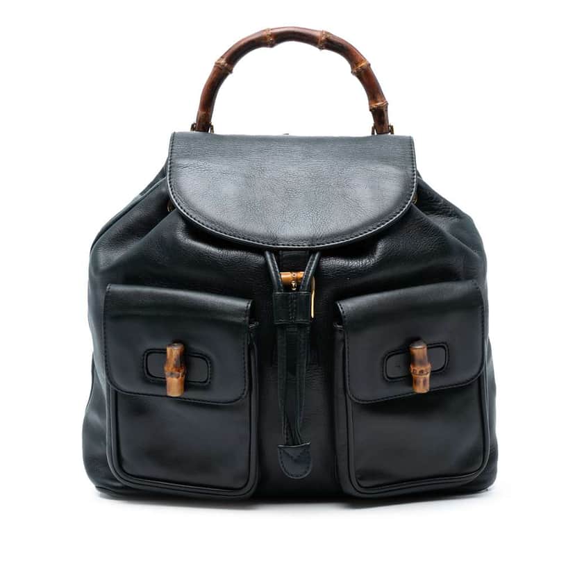Gucci Calfskin Bamboo Drawstring Backpack Black Leather Good condition - Front View